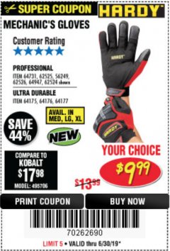 Harbor Freight Coupon ULTRA DURABLE MECHANIC'S GLOVES Lot No. 64175/64176/64177 Expired: 6/30/19 - $9.99