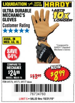 Harbor Freight Coupon ULTRA DURABLE MECHANIC'S GLOVES Lot No. 64175/64176/64177 Expired: 10/31/19 - $8.99