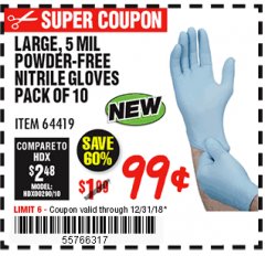 Harbor Freight Coupon 5 MIL, LARGE POWDER-FREE NITRILE GLOVES PACK OF 10 Lot No. 64419 Expired: 12/31/18 - $0.99