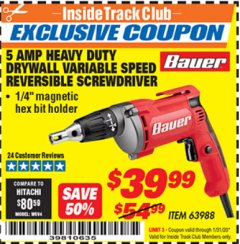 Harbor Freight ITC Coupon HEAVY DUTY DRYWALL VARIABLE SPEED REVERSIBLE SCREWDRIVER Lot No. 63988 Expired: 1/31/20 - $39.99