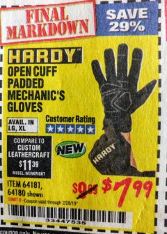 Harbor Freight Coupon OPEN CUFF PADDED MECHANIC'S GLOVES Lot No. 64181/64180 Expired: 2/28/19 - $7.99