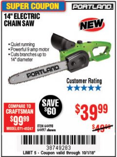 Harbor Freight Coupon 14" ELECTRIC CHAIN SAW Lot No. 64497/64498 Expired: 10/1/18 - $39.99