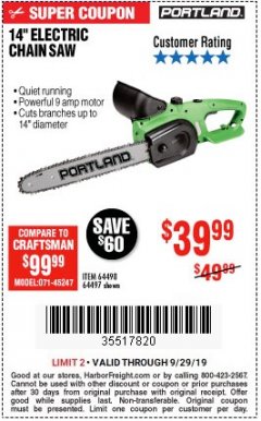 Harbor Freight Coupon 14" ELECTRIC CHAIN SAW Lot No. 64497/64498 Expired: 9/29/19 - $39.99