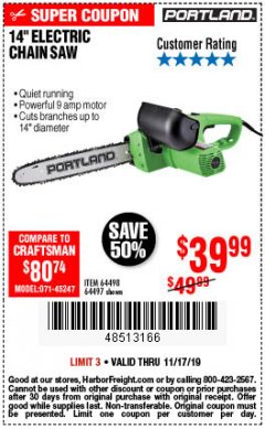 Harbor Freight Coupon 14" ELECTRIC CHAIN SAW Lot No. 64497/64498 Expired: 11/17/19 - $39.99