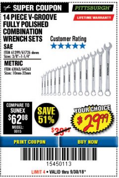 Harbor Freight Coupon 14 PIECE V-GROOVE FULLY POLISHED COMBINATION WRENCH SETS Lot No. 61399/61726/63063/64363 Expired: 9/30/18 - $29.99