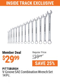 Harbor Freight Coupon 14 PIECE V-GROOVE FULLY POLISHED COMBINATION WRENCH SETS Lot No. 61399/61726/63063/64363 Expired: 7/1/21 - $29.99