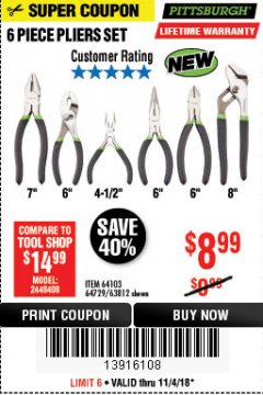 Harbor Freight Coupon 6 PIECE PLIERS SET Lot No. 64103/64729/63812 Expired: 11/4/18 - $8.99