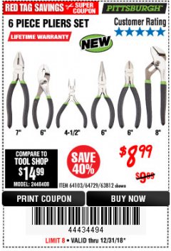 Harbor Freight Coupon 6 PIECE PLIERS SET Lot No. 64103/64729/63812 Expired: 12/31/18 - $8.99
