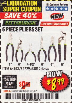 Harbor Freight Coupon 6 PIECE PLIERS SET Lot No. 64103/64729/63812 Expired: 5/31/19 - $8.99