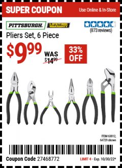 Harbor Freight Coupon 6 PIECE PLIERS SET Lot No. 64103/64729/63812 Expired: 10/30/22 - $9.99