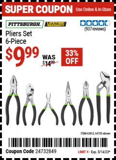 Harbor Freight Coupon 6 PIECE PLIERS SET Lot No. 64103/64729/63812 Expired: 5/14/23 - $9.99