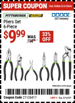 Harbor Freight Coupon 6 PIECE PLIERS SET Lot No. 64103/64729/63812 Expired: 5/14/23 - $9.99