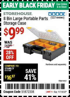 Harbor Freight Coupon 8 BIN LARGE PORTABLE PARTS STORAGE CASE Lot No. 93927 Expired: 11/13/22 - $9.99