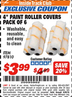 Harbor Freight ITC Coupon 4" PAINT ROLLER COVERS PACK OF 6 Lot No. 97810 Expired: 9/30/18 - $3.99