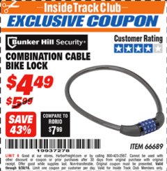 Harbor Freight ITC Coupon COMBINATION CABLE BIKE LOCK Lot No. 66689 Expired: 9/30/18 - $4.49