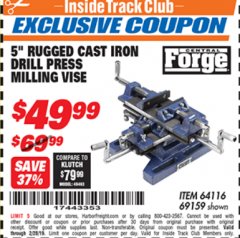 Harbor Freight Coupon 5" RUGGED CAST IRON DRILL PRESS MILLING VICE Lot No. 64116/69159 Expired: 2/28/19 - $49.99