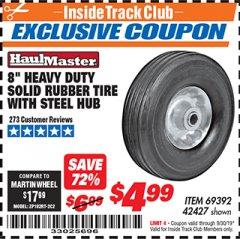 Harbor Freight ITC Coupon 8" HEAVY DUTY SOLID RUBBER  TIRE WITH STEEL HUB Lot No. 69392 42427 Expired: 9/30/19 - $4.99