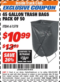 Harbor Freight ITC Coupon 45 GALLON TRASH BAGS PACK OF 50 Lot No. 61578 Expired: 9/30/18 - $10.99
