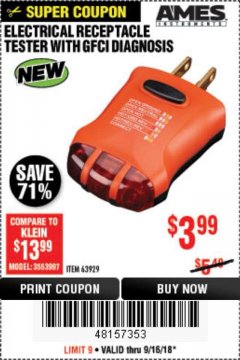 Harbor Freight Coupon ELECTRICAL RECEPTACLE TESTER WITH GFCI DIAGNOSIS Lot No. 63919 Expired: 9/16/18 - $3.99