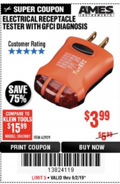 Harbor Freight Coupon ELECTRICAL RECEPTACLE TESTER WITH GFCI DIAGNOSIS Lot No. 63919 Expired: 5/2/19 - $3.99