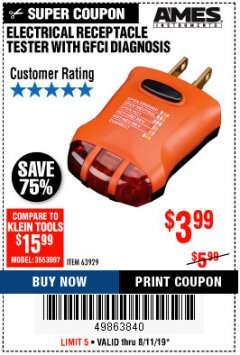 Harbor Freight Coupon ELECTRICAL RECEPTACLE TESTER WITH GFCI DIAGNOSIS Lot No. 63919 Expired: 8/11/19 - $3.99