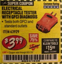 Harbor Freight Coupon ELECTRICAL RECEPTACLE TESTER WITH GFCI DIAGNOSIS Lot No. 63919 Expired: 8/31/19 - $3.99