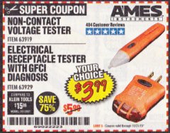 Harbor Freight Coupon ELECTRICAL RECEPTACLE TESTER WITH GFCI DIAGNOSIS Lot No. 63919 Expired: 10/31/19 - $3.99