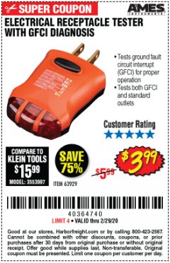 Harbor Freight Coupon ELECTRICAL RECEPTACLE TESTER WITH GFCI DIAGNOSIS Lot No. 63919 Expired: 2/29/20 - $3.99