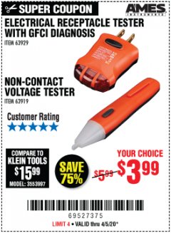 Harbor Freight Coupon ELECTRICAL RECEPTACLE TESTER WITH GFCI DIAGNOSIS Lot No. 63919 Expired: 6/30/20 - $3.99