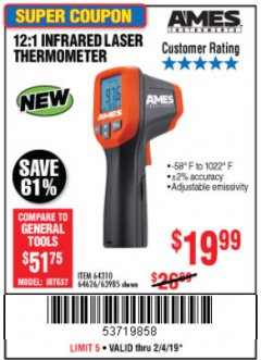 Harbor Freight Coupon 12:1 INFRARED LASER THERMOMETER Lot No. 64310/64626/63985 Expired: 2/4/19 - $19.99