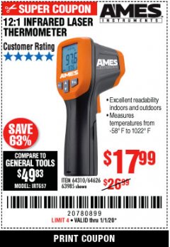 Harbor Freight Coupon 12:1 INFRARED LASER THERMOMETER Lot No. 64310/64626/63985 Expired: 1/1/20 - $17.99