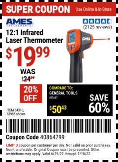 Harbor Freight Coupon 12:1 INFRARED LASER THERMOMETER Lot No. 64310/64626/63985 Valid: 6/29/22 7/10/22 - $19.99
