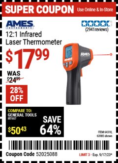 Harbor Freight Coupon 12:1 INFRARED LASER THERMOMETER Lot No. 64310/64626/63985 Expired: 9/17/23 - $17.99