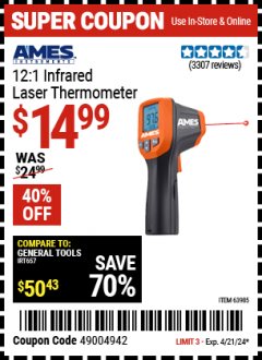 Harbor Freight Coupon 12:1 INFRARED LASER THERMOMETER Lot No. 64310/64626/63985 Valid Thru: 4/21/24 - $14.99