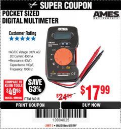 Harbor Freight Coupon POCKET SIZED DIGITAL MULTIMETER Lot No. 64018 Expired: 6/2/19 - $17.99