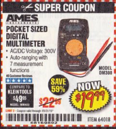 Harbor Freight Coupon POCKET SIZED DIGITAL MULTIMETER Lot No. 64018 Expired: 10/31/19 - $19.99