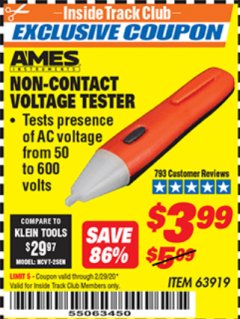 Harbor Freight ITC Coupon NON-CONTACT VOLTAGE TESTER Lot No. 63919 Expired: 2/29/20 - $3.99