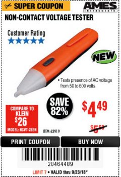 Harbor Freight Coupon NON-CONTACT VOLTAGE TESTER Lot No. 63919 Expired: 9/23/18 - $4.49