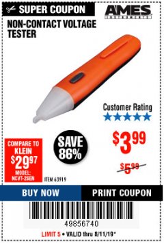 Harbor Freight Coupon NON-CONTACT VOLTAGE TESTER Lot No. 63919 Expired: 8/11/19 - $3.99