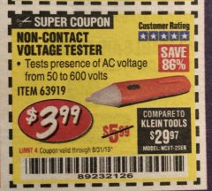 Harbor Freight Coupon NON-CONTACT VOLTAGE TESTER Lot No. 63919 Expired: 8/31/19 - $3.99