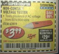 Harbor Freight Coupon NON-CONTACT VOLTAGE TESTER Lot No. 63919 Expired: 11/30/19 - $3.99