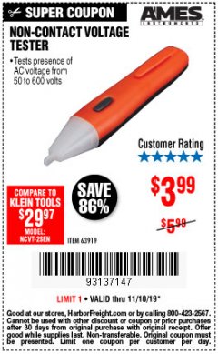 Harbor Freight Coupon NON-CONTACT VOLTAGE TESTER Lot No. 63919 Expired: 11/10/19 - $3.99