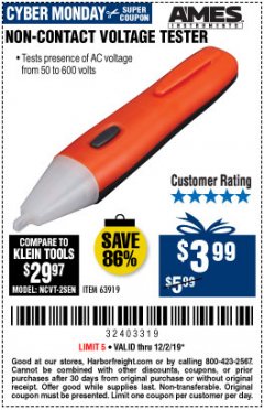 Harbor Freight Coupon NON-CONTACT VOLTAGE TESTER Lot No. 63919 Expired: 12/2/19 - $3.99