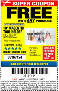 Harbor Freight FREE Coupon 18" MAGNETIC TOOL HOLDER Lot No. 65489/60433/61199/62178 Expired: 11/19/17 - FWP