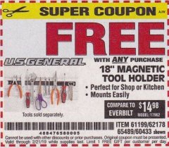 Harbor Freight FREE Coupon 18" MAGNETIC TOOL HOLDER Lot No. 65489/60433/61199/62178 Expired: 2/21/19 - FWP