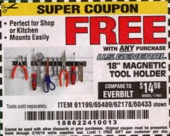 Harbor Freight FREE Coupon 18" MAGNETIC TOOL HOLDER Lot No. 65489/60433/61199/62178 Expired: 2/16/19 - FWP