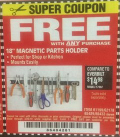 Harbor Freight FREE Coupon 18" MAGNETIC TOOL HOLDER Lot No. 65489/60433/61199/62178 Expired: 3/26/19 - FWP