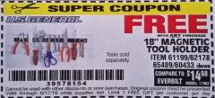 Harbor Freight FREE Coupon 18" MAGNETIC TOOL HOLDER Lot No. 65489/60433/61199/62178 Expired: 6/17/19 - FWP