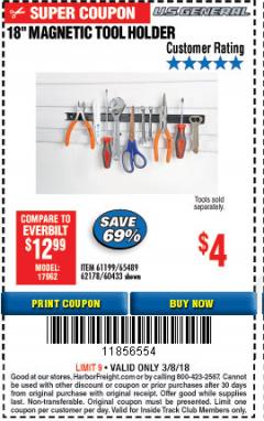Harbor Freight ITC Coupon 18" MAGNETIC TOOL HOLDER Lot No. 65489/60433/61199/62178 Expired: 3/8/18 - $4