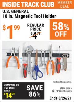 Harbor Freight ITC Coupon 18" MAGNETIC TOOL HOLDER Lot No. 65489/60433/61199/62178 Expired: 8/26/21 - $1.99
